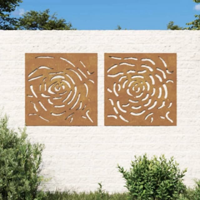 vidaXL Garden Wall Decorations 2pc 55x55cm Corten Steel Rose Design, Brown 824507