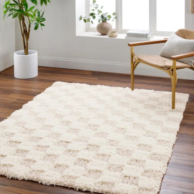 Livabliss Shaggy Modern Plush Pile Light Beige Checkered Willa Area Rug 160 X 220 Cm - Easy Care, Ideal For Living Room & Bedroom