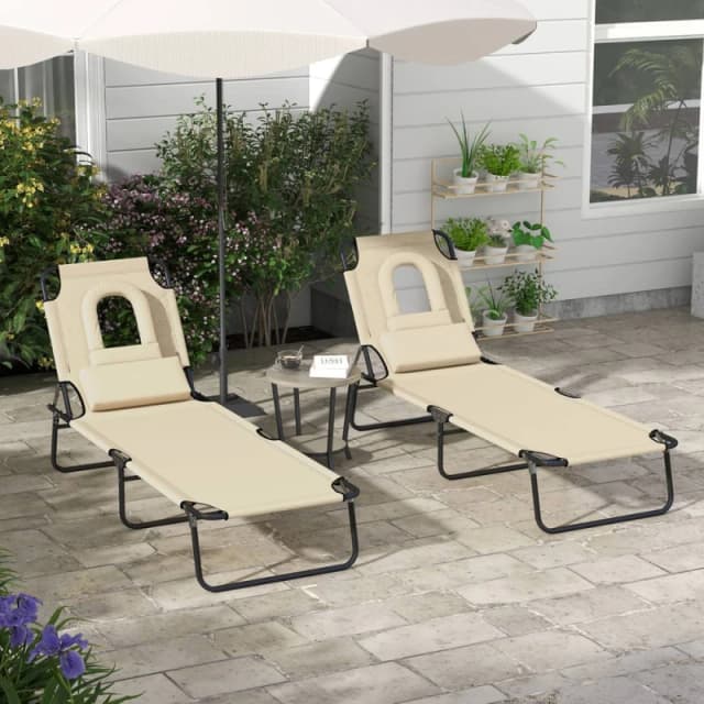 Outsunny Folding Sun Lounger Set of 2 Reclining Chair with Reading Hole Brown - Outsunny 5056725390488