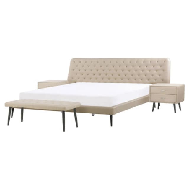 Beliani Bedroom Set Faux Leather Essonne 160 X 200 Cm (Eu King Size) Beige