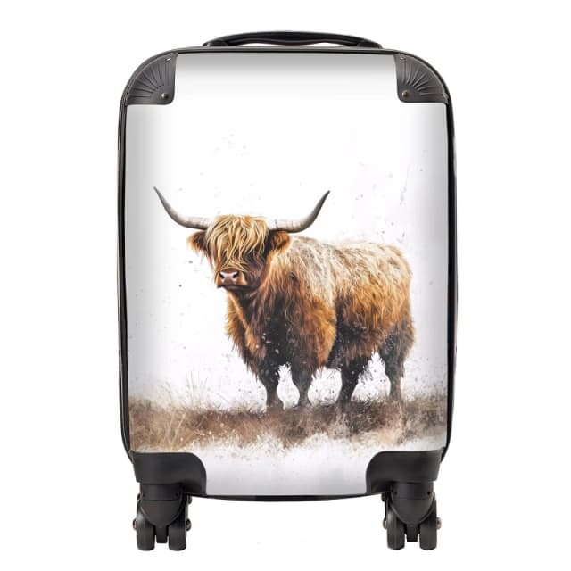 Warren Reed - Designer Highland Cow Watercolour Suitcase in Brown Size: Small Brown Unisex Small