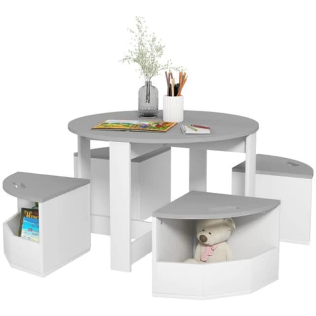 AIYAPLAY 5 Piece Kids Table and Chairs Set w/ Storage for 3-8 Years Old-Grey Grey