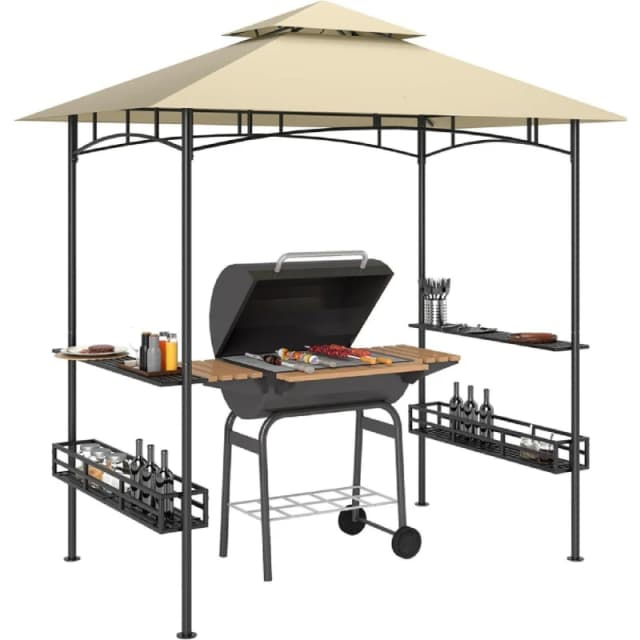 Outsunny 8' x 5' Grill Gazebo Canopy with 2 Side Shelves, Hook, Beige Beige