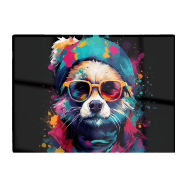 Warren Reed Designer Multi Coloured Splashart Dog With Glasses Glass Chopping Board