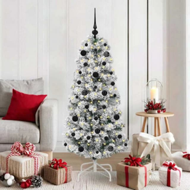 vidaXL Artificial Hinged Christmas Tree with Black Balls Green and white 150 cm, Green 3395587