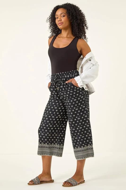 Roman Womens Petite Border Print Cropped Trouser in Black Size: 14 Black Female 14