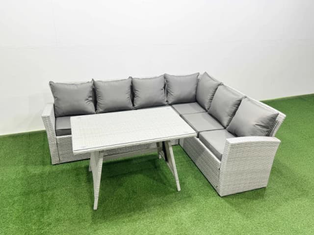 Fimous 6 Seater Garden Outdoor Rattan Furniture Set Oblong Dining Table Set in Light Grey Light Grey Unisex