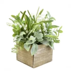 Faux Herbs and Snowdrops in Rustic Wooden Box