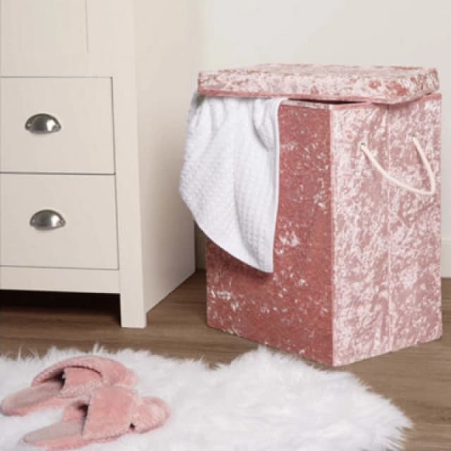 OHS OHS Laundry Bag Crushed Velvet Foldable Compact Clothing Storage Basket in Light Pink Light Pink One Size Unisex 5027434160655