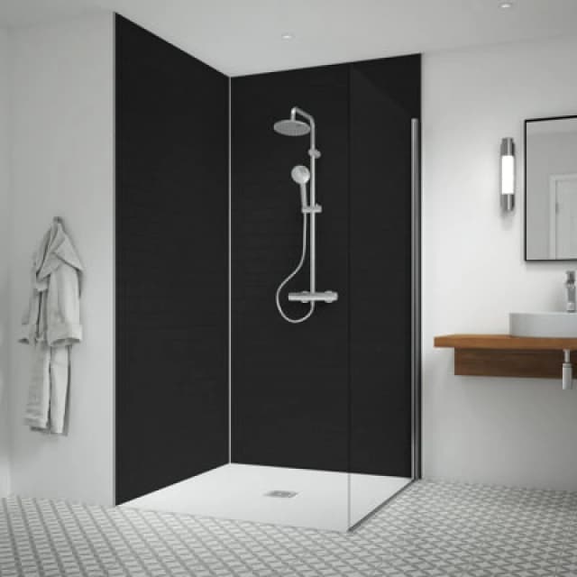 Splashwall Laminate Tongue & Groove Bathroom Panel (H)2440mm (W)1220mm - Gloss Black Tile Effect