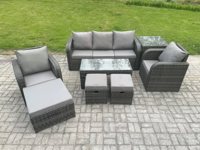 Fimous 8 Seater Rattan Garden Furniture Set with Rectangular Coffee Table Side Table 3 Footstools Patio Outdoor Lounge Sofa Set Dark Grey