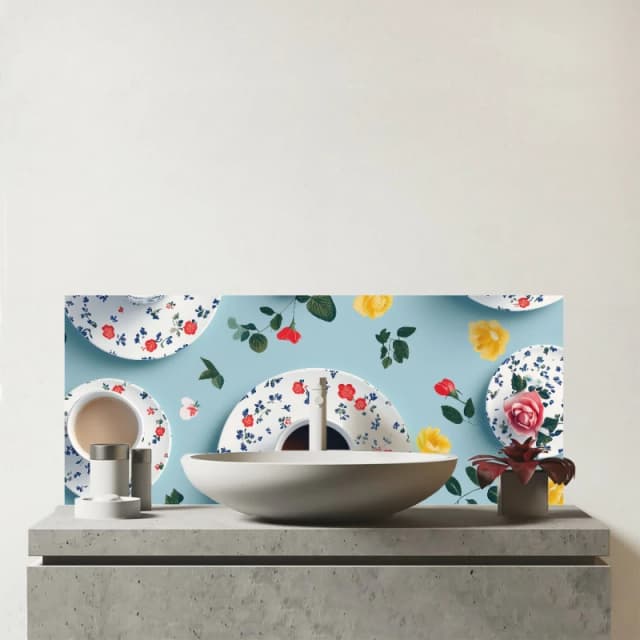 Warren Reed - Designer Tea Cups & Roses Glass Bathroom Splashback Multicolor Unisex