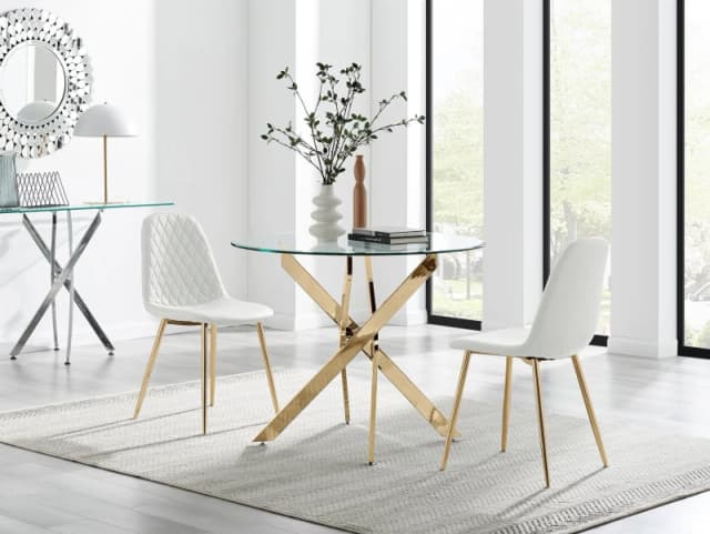 FurnitureboxUK FurnitureboxUK Novara 100cm Round Gold Leg Dining Table & 2 Corona Gold Chairs in White White One Size Unisex 5056784304679