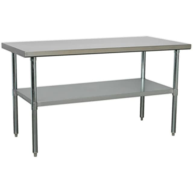 Loops 1.5m Stainless Steel Work Bench & Adjustable Storage Shelf - Kitchen Station Metallics