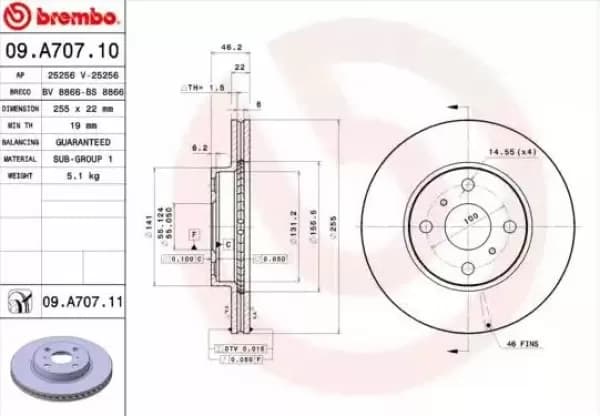 BREMBO Brake disc TOYOTA 09.A707.11 435120D090,4351252120,435120D220 Brake rotor,Brake discs,Brake rotors 435120D130,435120D230
