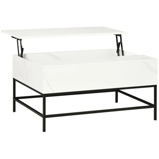 HOMCOM Lift Top Coffee Table with Hidden Storage Compartment and Metal Legs - Faux Marble White 833-894V80WT