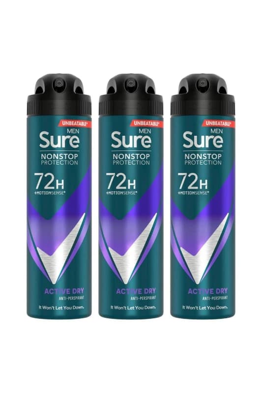 Sure Men Protection 72H 'Anti-Perspirant Deodorant' Active Dry, 3x150ml White male