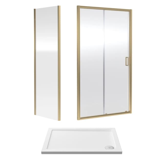 Balterley Sliding Shower Door, Side Panel and Tray 1000x700x1900mm Brushed Brass White