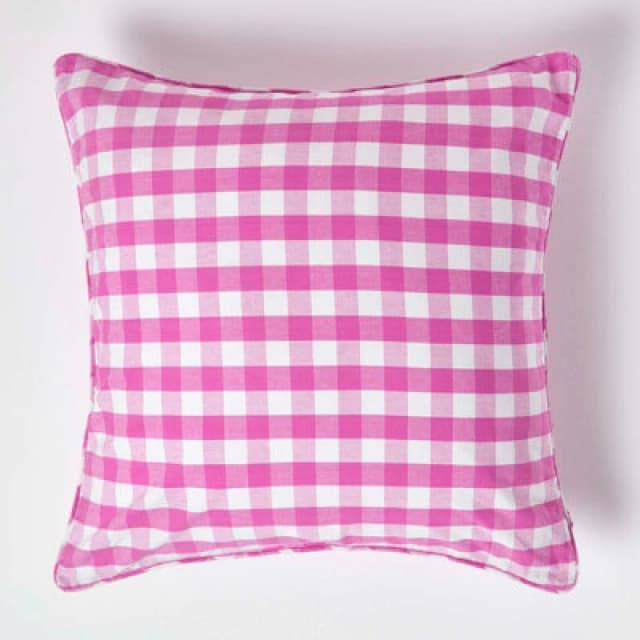 Homescapes Pink Block Check Cotton Gingham Cushion Cover, 60 X 60 Cm