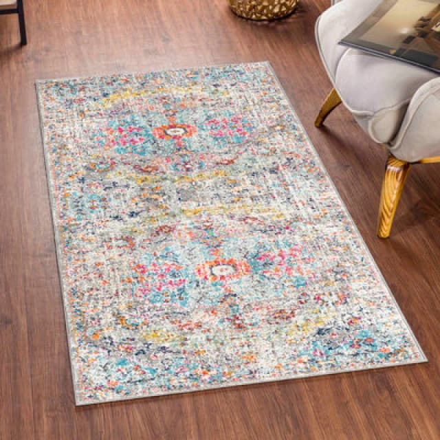 Livabliss Vintage Oriental Boho Teal/beige Lou Area Rug 80 X 150 Cm - Easy Care, Non Shedding, Ideal For Living Room & Bedroom