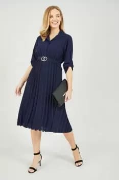 Navy Belted Shirt Midi Dress