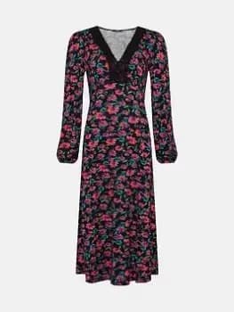Wallis Floral Lace Jersey Dress - Black, Size 12, Women