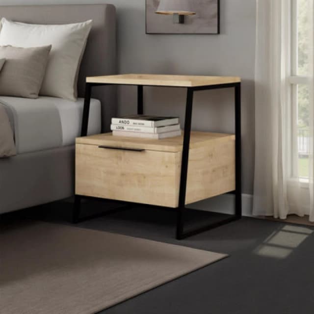 FWStyle FWStyle Oak 1 Door Bedside Table Nightstand Black Metal in Brown Brown One Size Unisex 5056413133267