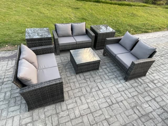 Fimous 6 PCS Outdoor Lounge Sofa Set Wicker PE Rattan Garden Furniture Set with Square Coffee Table Double Seat Sofa 2 Side Tables in Dark Grey Dark G