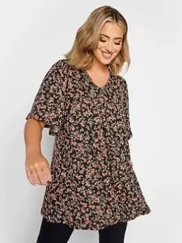 Yours Pleat Swing Angel Sleeve Top Rust Ditsy Floral, Black, Size 16, Women