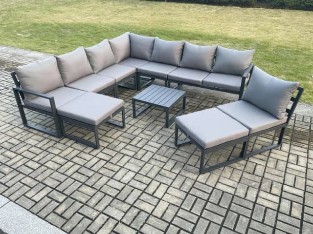 Fimous 10 Seater Patio Outdoor Garden Furniture Aluminium Lounge Corner Sofa Set with Square Coffee Table 2 Big Footstools Dark Grey Dark Grey Unisex