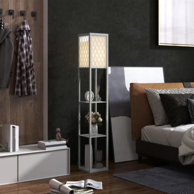 HOMCOM HOMCOM Floor Lamp Standing Light with 3 Open Shelves for Living Room in Light Grey Light Grey One Size Unisex 5063603030343
