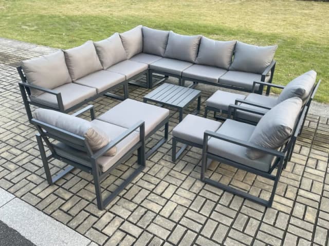 Fimous 13 Seater Outdoor Garden Furniture Set Aluminium Lounge Corner Sofa Square Coffee Table 3 Pcs Chair Sets with 3 Footstools in Dark Grey Dark Gr