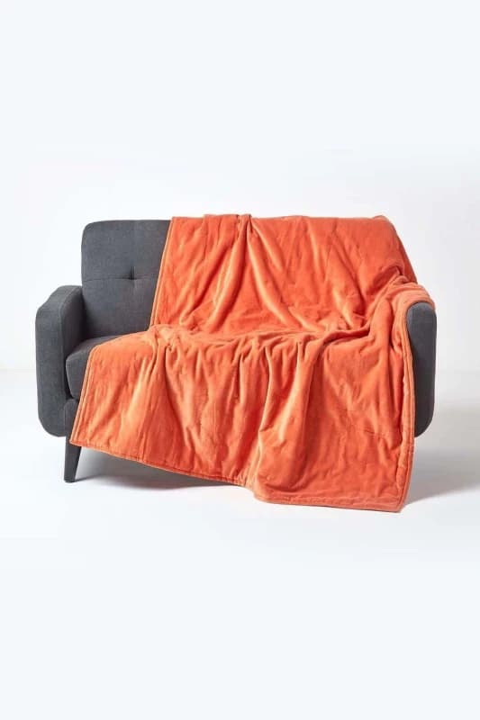 HOMESCAPES Burnt Orange Velvet Quilted Throw, 150 x 200cm - Orange - Homescapes SF1955B