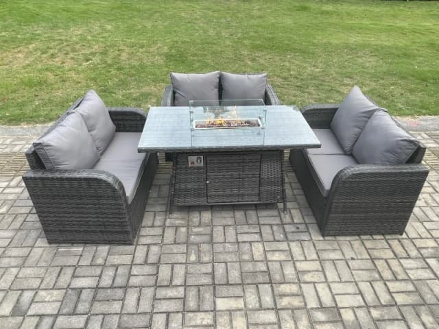 Fimous Rattan Outdoor Garden Furniture Sofa Set Gas Fire Pit Dining Table Gas Heater with Love Sofa Dark Grey Mixed Dark Grey