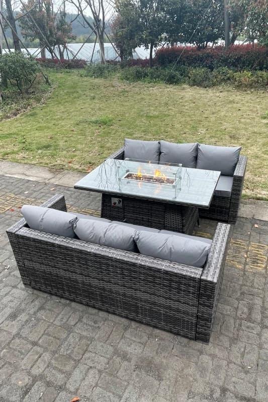 Fimous 6 Seater Outdoor PE Rattan Garden Furniture Gas Fire Pit Dining Table Set Lounge Sofa 3 Seater Sofa Dark Grey