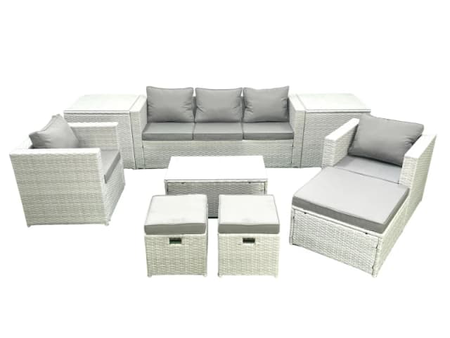 Fimous Rattan Garden Outdoor Furniture Sofa Set with Rectangular Coffee Table 2 Chairs 3 Footstools 2 Side Tables Light Grey Mixed Light Grey