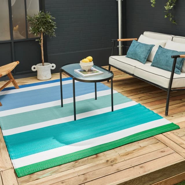 THE RUGS Waterproof Plastic Outdoor Rugs for Garden Patio Balcony Camping - Striped - Rainbow 1030 Blue Size: 180cm x 270cm Blue Unisex 180cm x 2