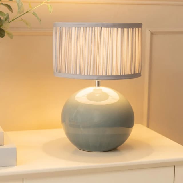 ValueLights Bosco Eucalyptus Ceramic Table Lamp with Ruched Pleated Lamp Shade and LED Bulb Baby Blue