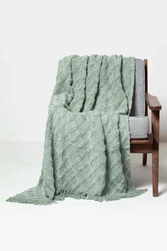 Homescapes Diamond Cotton Tufted Throw Green