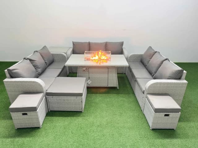 Fimous PE Rattan Lounge Sofa Set 12 Seater Outdoor Garden Furniture Set with Firepit Dining Table 3 Seater Sofa 3 Stools Side Table Light Grey Light G