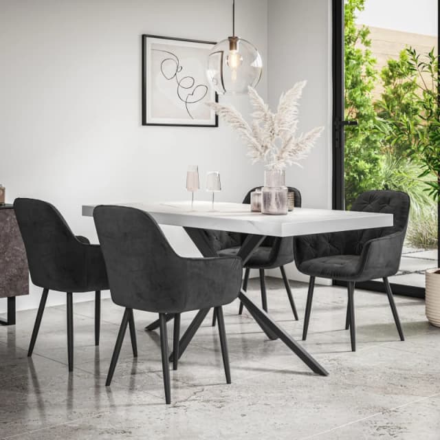 More4Homes Donni Dining Table And Chairs - White Marble Effect Table Top W Black Legs + Anika Velvet Dining Chair Set Of 4 (Black)