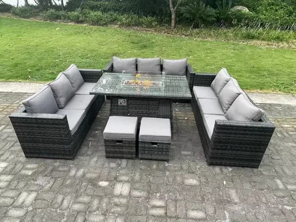 Fimous 9 Seater Outdoor Dark Grey Rattan Lounge Complete Sofa Set with Gas Firepit Dining Table and 2 Stools