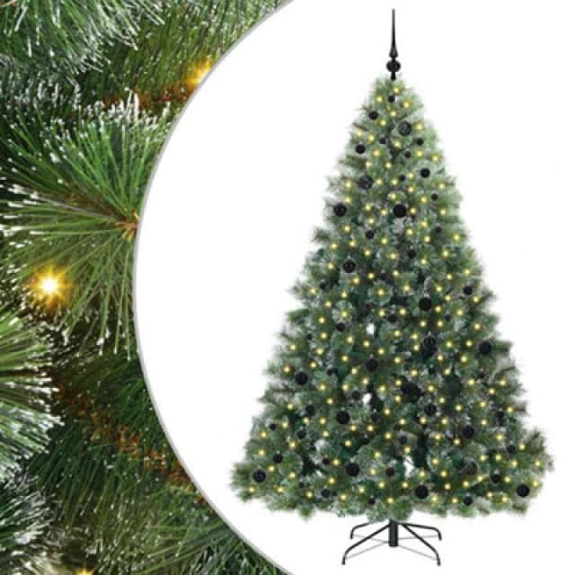 vidaXL Artificial Christmas Tree with 300 LEDs and Black Balls Snow Flocked Green 210cm PE and PVC, Green 3397862