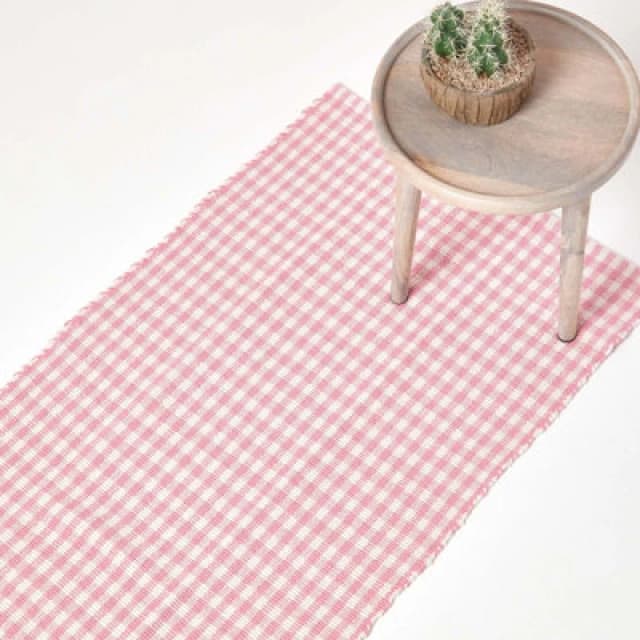 Homescapes Cotton Gingham Check Hand Woven Hall Runner, 66 x 200cm Pink