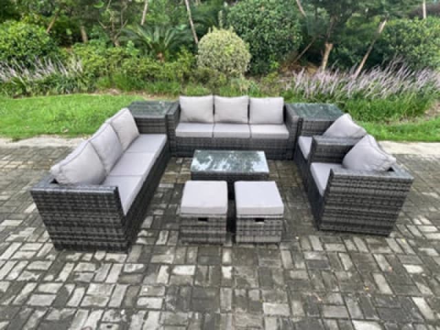 Fimous Outdoor Lounge Sofa Set Wicker PE Rattan Garden Furniture Set with 2 Armchairs Oblong Coffee Table 2 Small Footstools Dark Grey