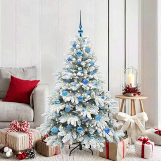vidaXL Artificial Christmas Tree with 150 LEDs and Blue Balls Snow Flocked Green 150cm PE and PVC, Green 3397608