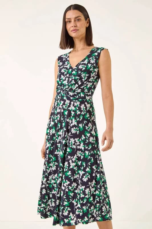 Roman Womens Floral Twist Front Dress in Navy Size: 16 Navy Female 16