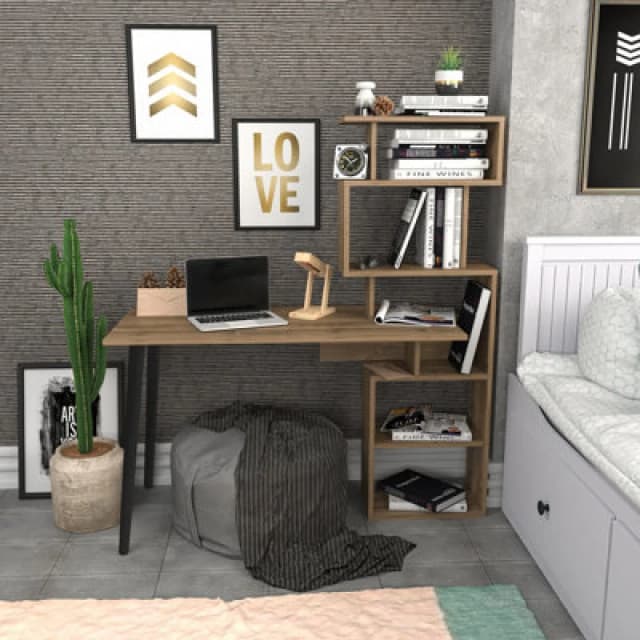 Decorotika Vina Computer Desk Study Desk With Included Bookshelf Shelving Unit - Walnut, Brown VIN47CD01