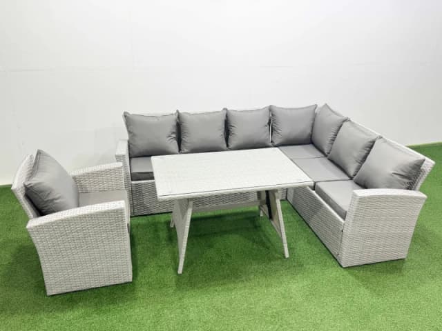 Fimous 7 Seater Garden Outdoor Rattan Furniture Set Dining Table & Armchair in Light Grey Light Grey Unisex