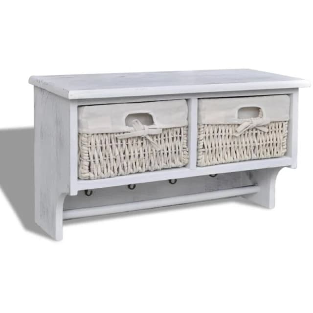 White Wooden Wall Shelf With Hangers 2 Weaving Baskets 4 Hooks
